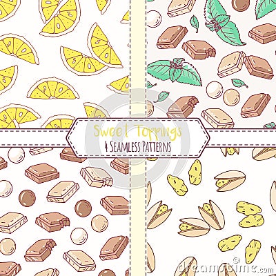 Set of hand drawn seamless patterns with lemon, pistachio, chocolate and mint. Sweet toppings backgrounds Vector Illustration