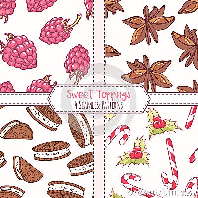 Set of hand drawn seamless patterns with raspberry, anise star, chocolate cookie and christmas candycane Vector Illustration