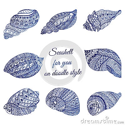 Set of hand drawn seashell with ethnic motif. Abstract zentangle stylized cockleshells. Ocean life doodle collection. Vector illus Vector Illustration