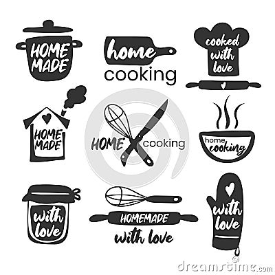 Set of hand drawn simple kitchen phrases - homemade,with love, home cooking, cooked with love. Badges, labels and logo elements, Vector Illustration