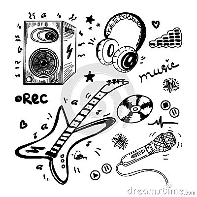 A set of hand-drawn sketch-style musical elements. Electric guitar, subwoofer. Headphones, microphone, CD, audio, sheet Vector Illustration