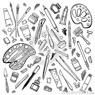 Set of hand drawn sketch vector artist materials. Black and white stylized illustration with painting and drawing tools Vector Illustration