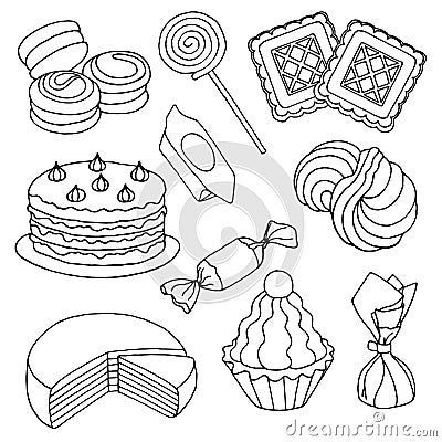 Set of hand drawn sketches of sweets, biscuits and cakes Vector Illustration