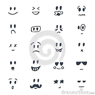 Set of hand drawn smiley faces. Sketched facial expressions set Vector Illustration