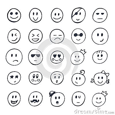 Set of hand drawn smiley, funny faces with different expressions Vector Illustration