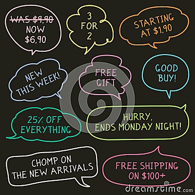 Set of Hand Drawn Speech and Thought Bubbles for Sales Vector Illustration