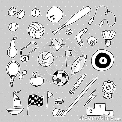 Set of hand drawn sport elements. Sport equipments icons collection. Fitness, healthy lifestyle Vector Illustration