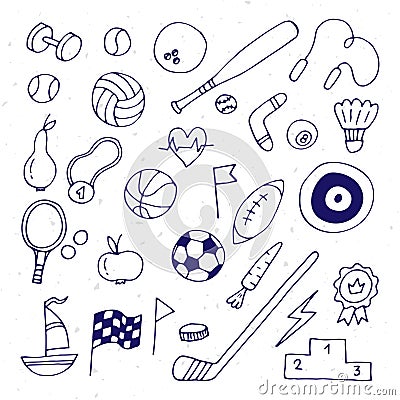 Set of hand drawn sport elements. Sport equipments icons collection. Fitness, healthy lifestyle Vector Illustration