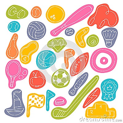 Set of hand drawn sport elements. Sport equipments icons collection. Fitness, healthy lifestyle Vector Illustration