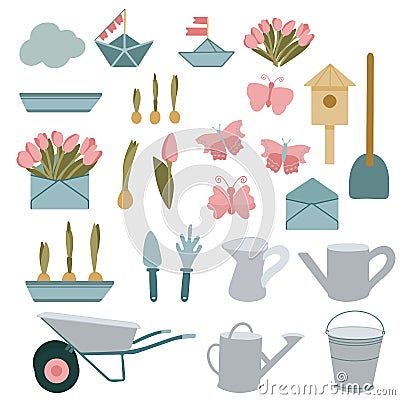 Set of hand drawn spring and summer garden elements. Isolated objects on a white background. Gardening tools Vector Illustration