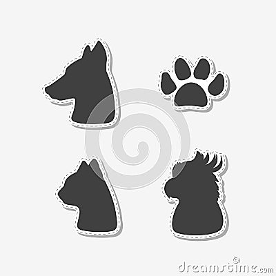 Set of hand drawn stickers with heads of dog, cat, parrot and paw print. Templates for design or brand identity Vector Illustration