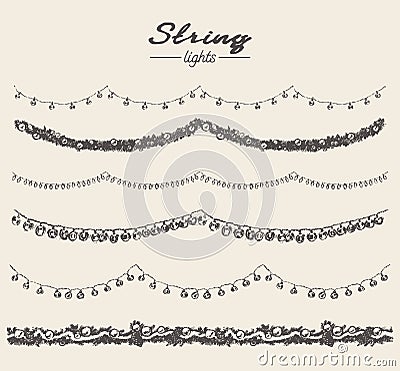 Set drawn string lights garlands design vector Vector Illustration