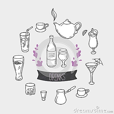 Set of hand drawn stylized drinks in vector Vector Illustration