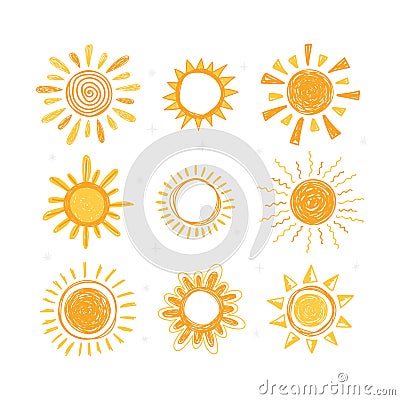 Set of hand drawn sun symbols. Collection of doodle sun icons Vector Illustration