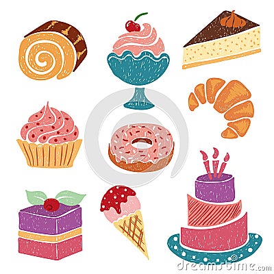 Set of hand drawn sweets and desserts - cake, ice cream, donut, croissant, pie, bakery. Vector Illustration