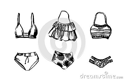 Set of hand drawn swimwear bikini. Vector sketch black isolated illustration on white background. Beachwear for women painted by Vector Illustration