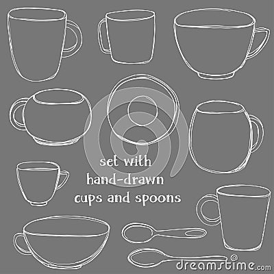 Set with hand-drawn tea cups and spoons. Vintage vector illustration in chalkboard style. Vector Illustration