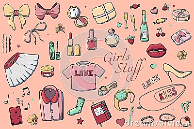 Set of Hand drawn Templates Fashion illustration with Girls Stuff. Set of women`s clothing, jewelry, cosmetics, gifts and romance Vector Illustration