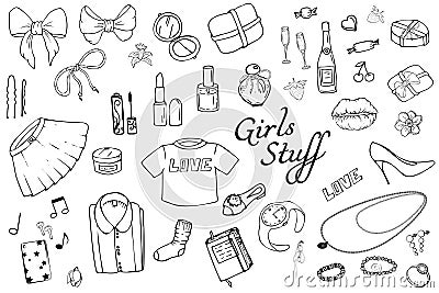 Set of Hand drawn Templates Fashion illustration with Girls Stuff. Set of women`s clothing, jewelry, cosmetics, gifts and romance Vector Illustration