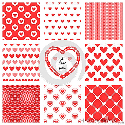 Set of hand-drawn textures heart shapes and romantic pattern. Vector Illustration