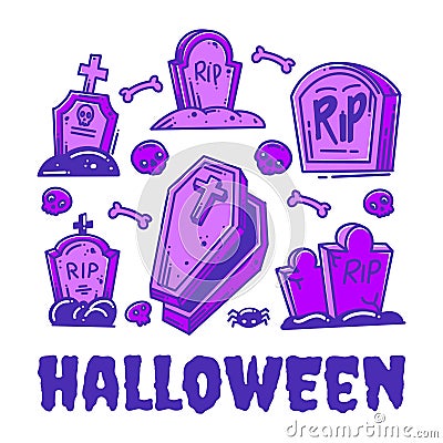 Set of hand drawn tombstone icon collection full color Vector Illustration