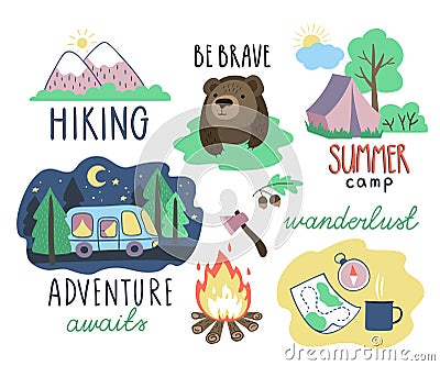 Set of hand drawn tourism and hiking elements and letterings. Mountains, bonfire, tent, van and other objects. Vector Illustration