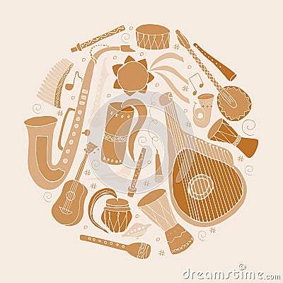 Set of hand drawn traditional Slavic, Ukrainian musical instruments in circle. Reed pipe, kobza, buhay, sopilka, bandura, pan Vector Illustration