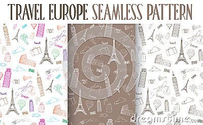 Set of Hand Drawn Travel Europe Seamless Pattern Vector Illustration
