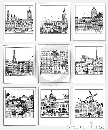 Set of hand drawn travel photographs Vector Illustration