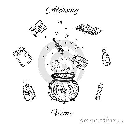 Set of hand drawn vector alchemy bottles. Black outline of potions, vials, herbs, books, mushrooms and cauldron. Vector Illustration