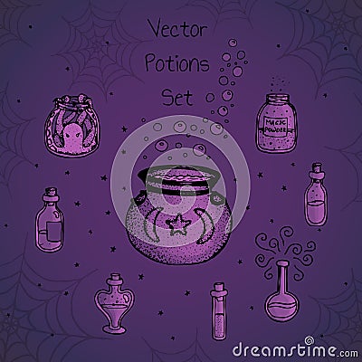 Set of hand drawn vector alchemy bottles. Purple potions, elixirs, vials and cauldrons. Vector Illustration