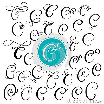 Set of Hand drawn vector calligraphy letter C. Script font. Isolated letters written with ink. Handwritten brush style Vector Illustration