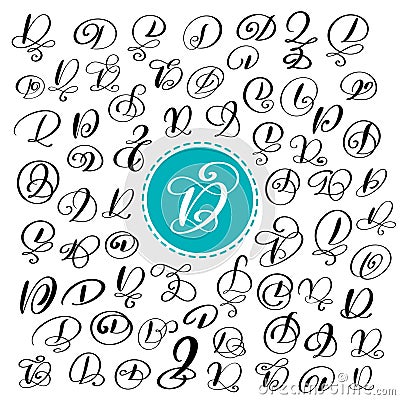 Set of Hand drawn vector calligraphy letter D. Script font. Isolated letters written with ink. Handwritten brush style Vector Illustration