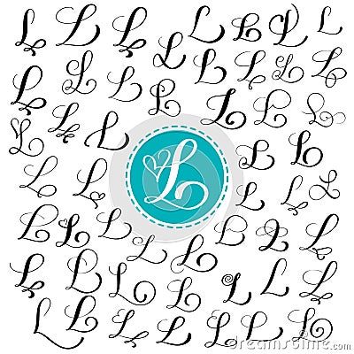 Set of Hand drawn vector calligraphy letter L. Script font. Isolated letters written with ink. Handwritten brush style Vector Illustration