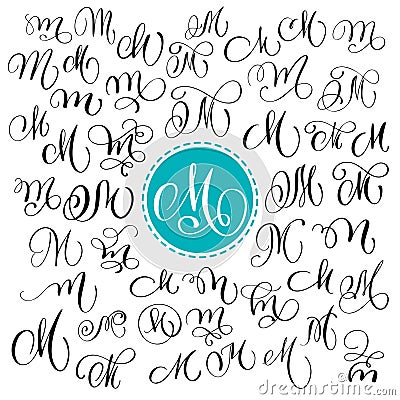 Set of Hand drawn vector calligraphy letter M. Script font. Isolated letters written with ink. Handwritten brush style Vector Illustration