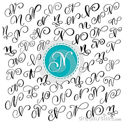 Set of Hand drawn vector calligraphy letter N. Script font. letters written with ink. Handwritten brush style Vector Illustration