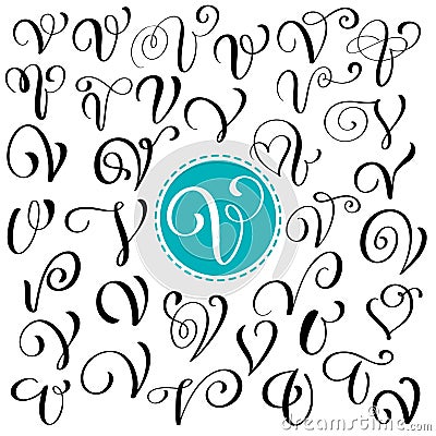 Set of Hand drawn vector calligraphy letter V. Script font. Isolated letters written with ink. Handwritten brush style Vector Illustration