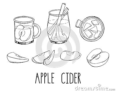 Set of hand drawn vector elements isolated on white. Apple cider with spices and fruit slices. Popular winter alcoholic Vector Illustration