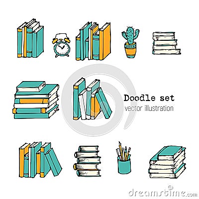 Set of Hand drawn Vector illustration. Book, Notebooks, Notepads and Diaries Sketch. Stack of books. Office stuff, student desk. Vector Illustration