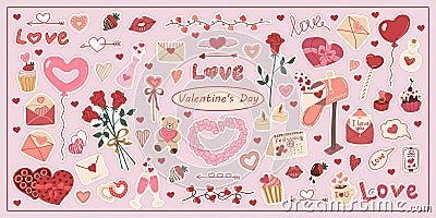 Set hand drawn vector isolated stickers of Valentine day. Decoration for Valentine day. Symbols of Valentine s day. Letter. Heart Vector Illustration
