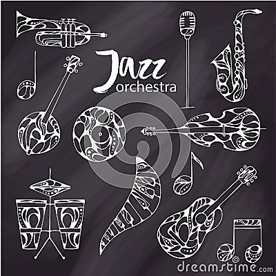 Set of hand-drawn vector music jazz instruments Stock Photo