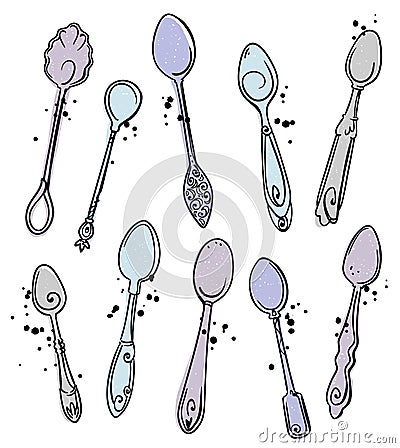 Set of hand drawn vector spoons, silverware Vector Illustration