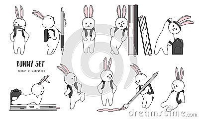 Set of Hand drawn vector white bunnies. Cartoon bunny with backpack, books in school. Cute scketch character design. Rabbit school Vector Illustration