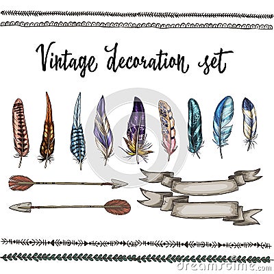 Set of hand drawn Vintage Decor Elements isolated on white background. Colorful feathers. Vector Illustration Stock Photo