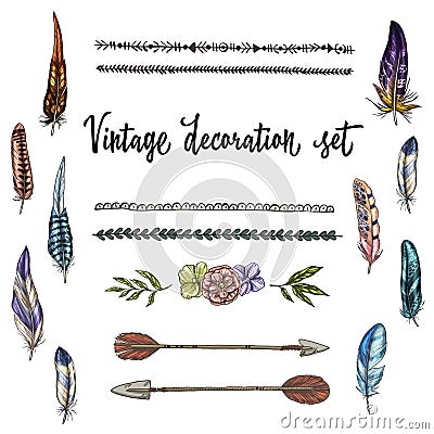 Set of hand drawn Vintage Decor Elements isolated on white background. Vector Illustration Stock Photo