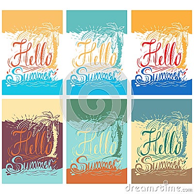 Set of hand drawn vintage posters with quote about summer: Vector Illustration