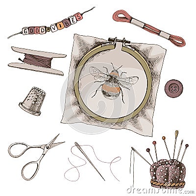 Set of hand drawn vintage sewing tools. Vector Illustration