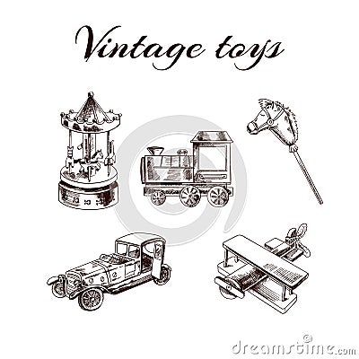 A set of hand-drawn vintage toys: carousel, train, hobby horse, car, airplane. Outline vintage vector illustration. Vector Illustration