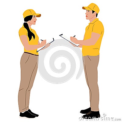 Set of hand-drawn warehouse workers with a clipboard. Delivery man and woman Vector Illustration