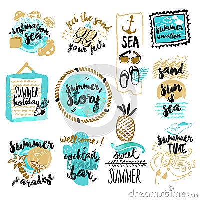 Set of hand drawn watercolor badges and stickers of summer Vector Illustration